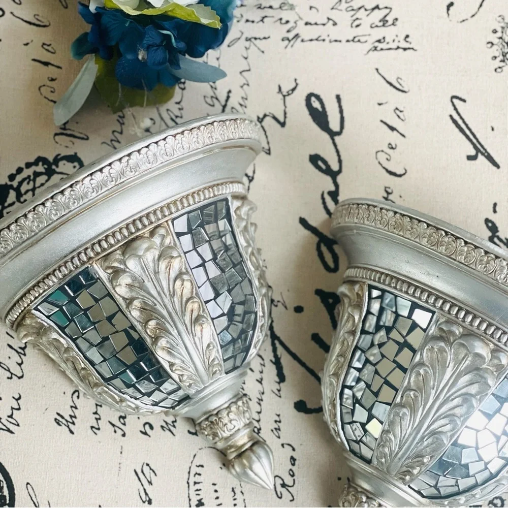 Art Deco Rustic Silver Mosaic Half Moon Wall Decorative Wall Shelf Scones (Set)